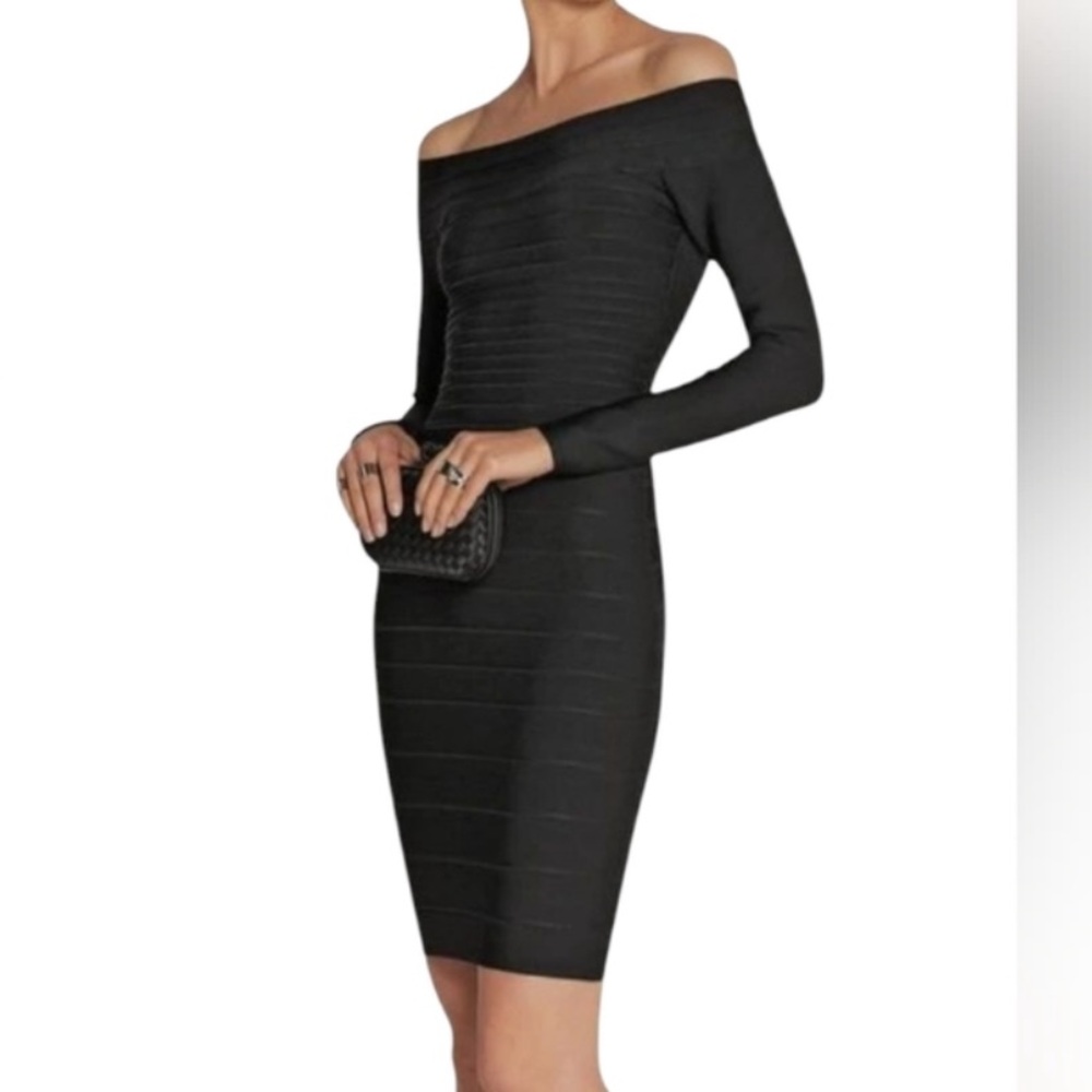 Herve Leger Black Candice Off Shoulder Bandage Dress